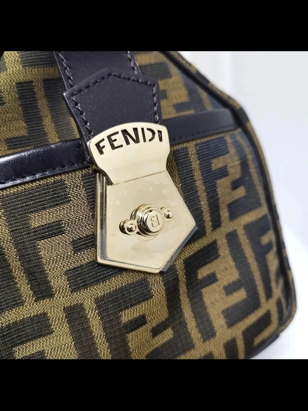 Fendi Brown FF Monogram Canvas Satchel with Black Leather Handles